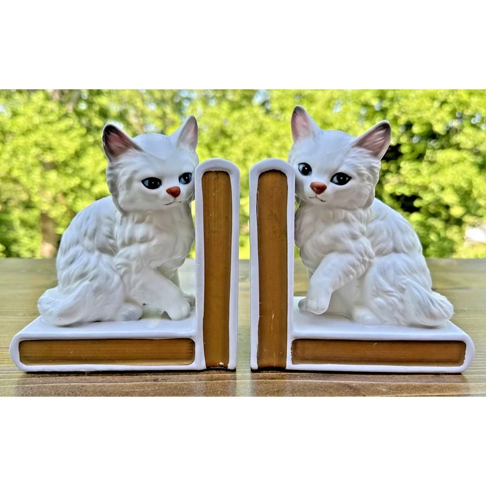 Vintage Lefton Japan White Cat Bookends Ceramic Persian Kitten Book Ends - Picture 2 of 16